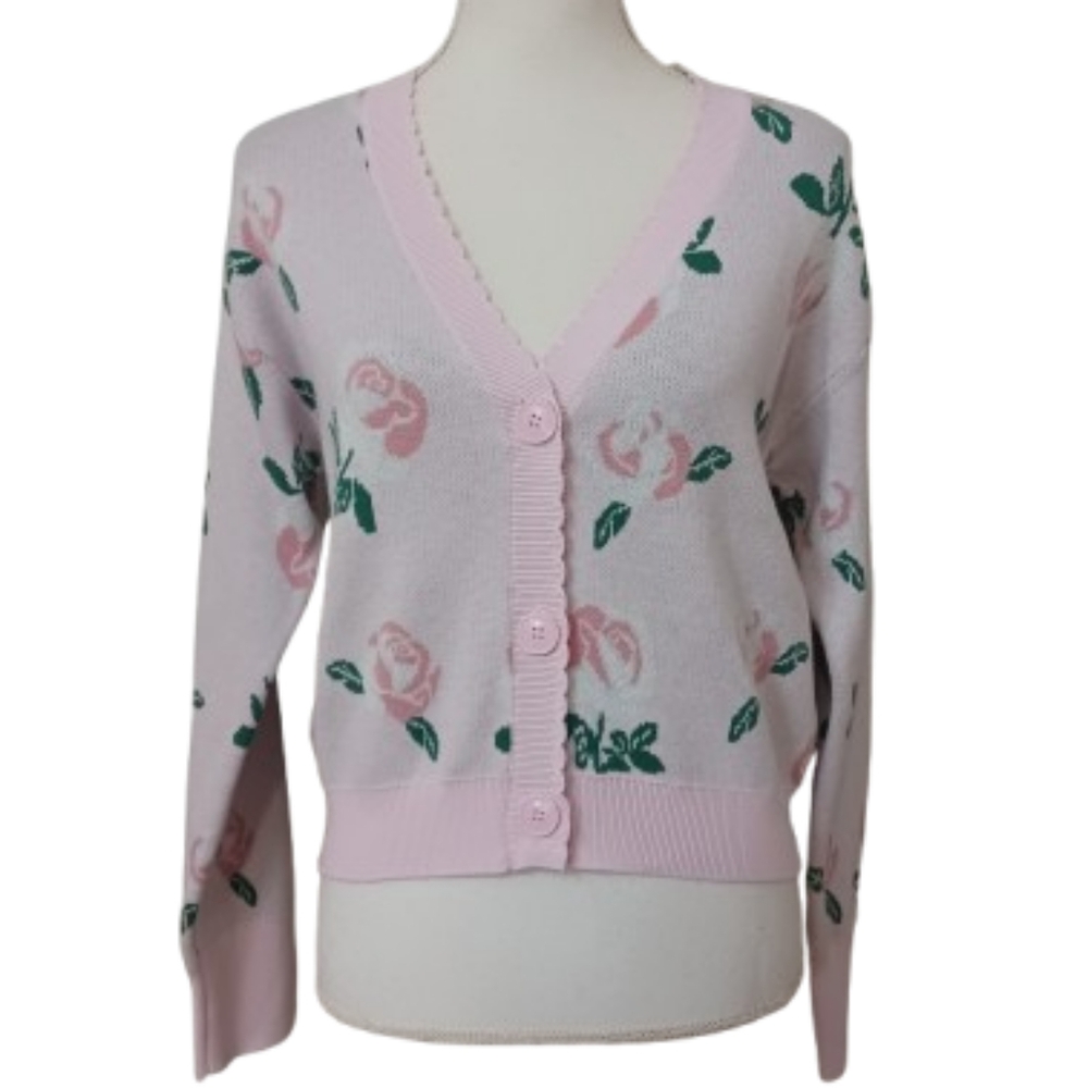 Floral Pink Rose Print Cardigan Sweater Button Front Top Size Small Women's